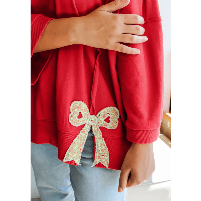 Sonda Fiery Red Floral Bow Patched Exposed Seam Patchwork Slit Baggy Sweatshirt