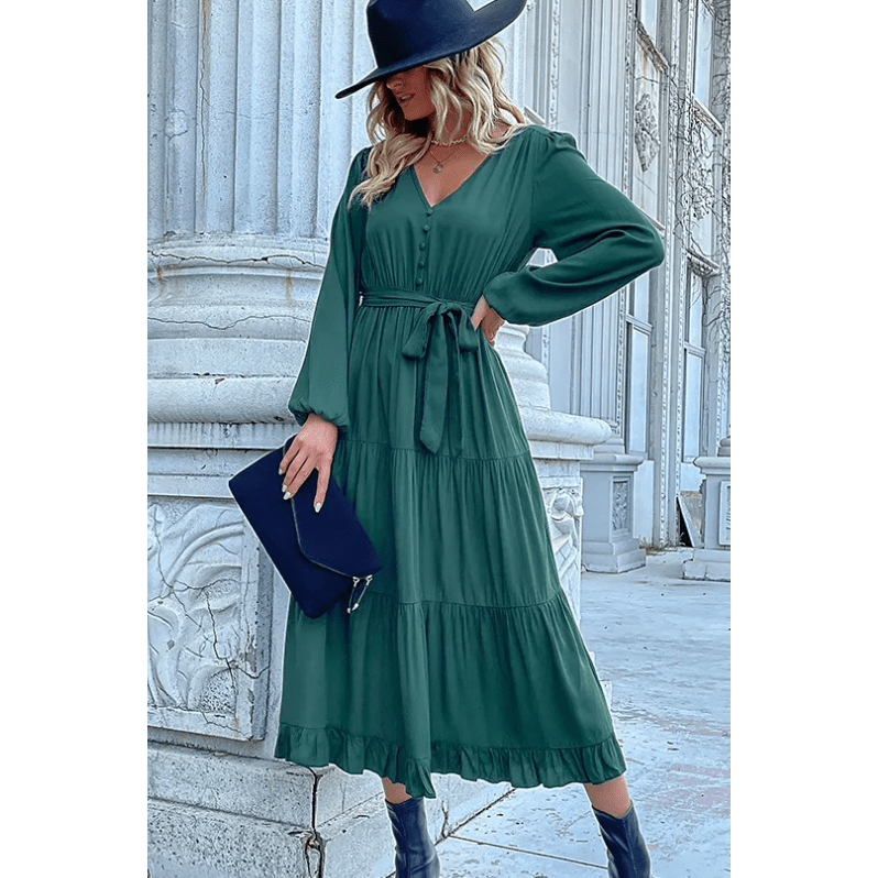 Gaelle Green Button Front Tiered Midi Dress