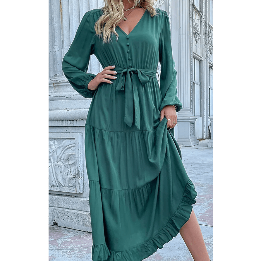 Gaelle Green Button Front Tiered Midi Dress