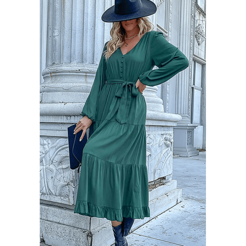 Gaelle Green Button Front Tiered Midi Dress