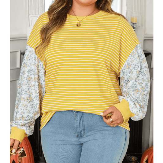 Lou Lou Yellow Stripe Striped Contrast Floral Sleeve Patchwork Plus Size Loose Top