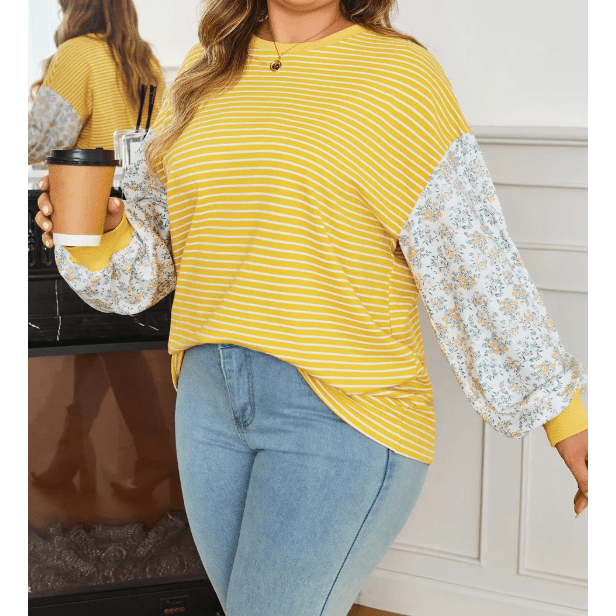 Lou Lou Yellow Stripe Striped Contrast Floral Sleeve Patchwork Plus Size Loose Top