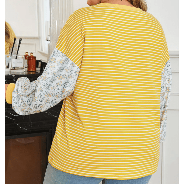 Lou Lou Yellow Stripe Striped Contrast Floral Sleeve Patchwork Plus Size Loose Top