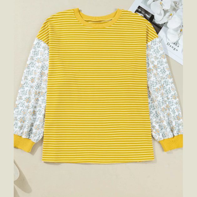 Lou Lou Yellow Stripe Striped Contrast Floral Sleeve Patchwork Plus Size Loose Top