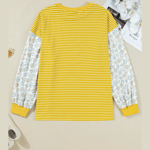 Lou Lou Yellow Stripe Striped Contrast Floral Sleeve Patchwork Plus Size Loose Top