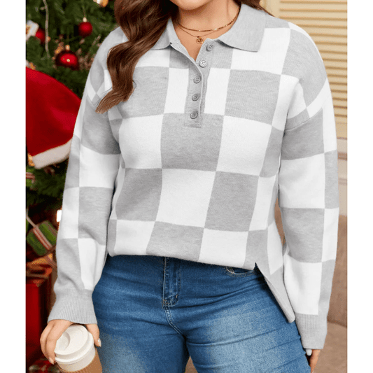 April Grey Plus Size Checkered Pattern Button Polo Collar Split Sweater