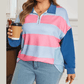 Shonda Blue Stripe Colorblock Patchwork Zip Up Plus Size Pullover