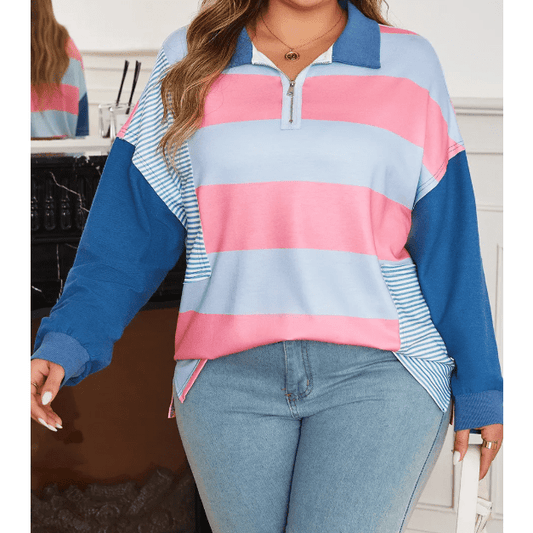 Shonda Blue Stripe Colorblock Patchwork Zip Up Plus Size Pullover