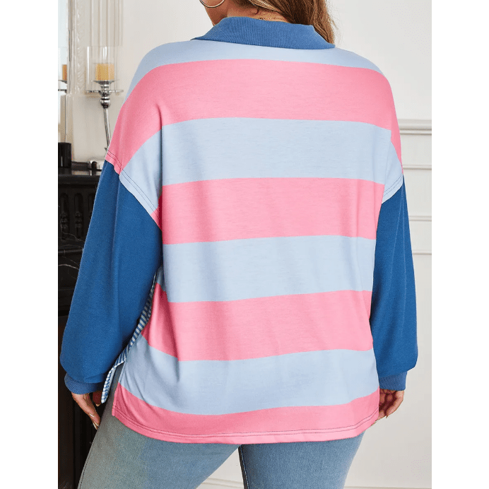 Shonda Blue Stripe Colorblock Patchwork Zip Up Plus Size Pullover