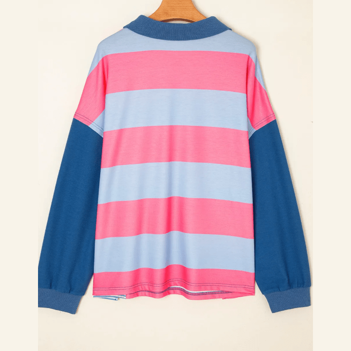 Shonda Blue Stripe Colorblock Patchwork Zip Up Plus Size Pullover