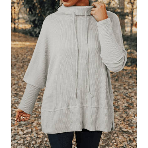 Agnese Light Grey Textured Knit Drawstring Cowl Neck Oversize Top with Side Slits