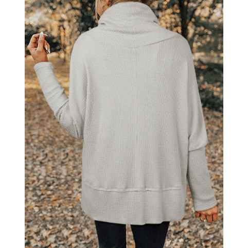 Agnese Light Grey Textured Knit Drawstring Cowl Neck Oversize Top with Side Slits