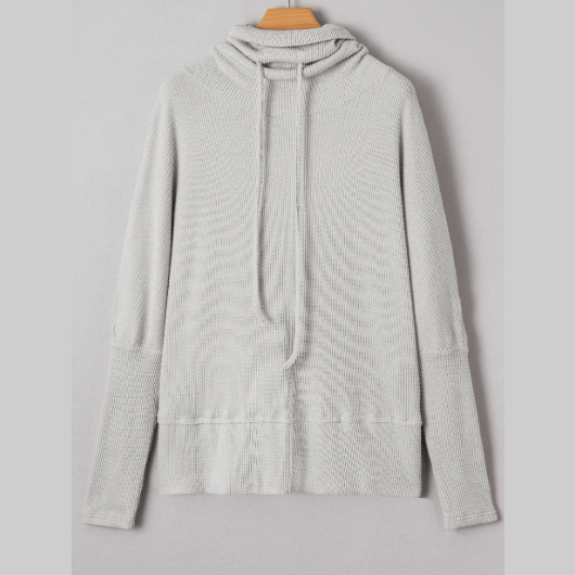 Agnese Light Grey Textured Knit Drawstring Cowl Neck Oversize Top with Side Slits
