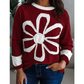 Vernita Red Dahlia Cheerful Daisy Flower Patched Round Neck Long Sleeve Top