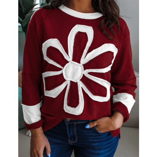 Vernita Red Dahlia Cheerful Daisy Flower Patched Round Neck Long Sleeve Top