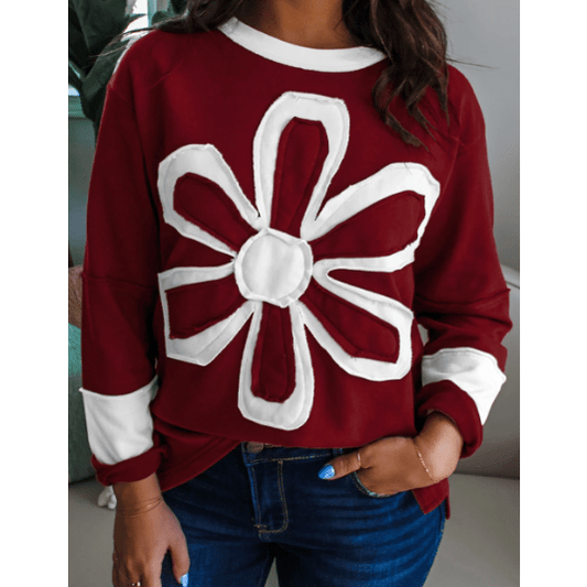 Vernita Red Dahlia Cheerful Daisy Flower Patched Round Neck Long Sleeve Top