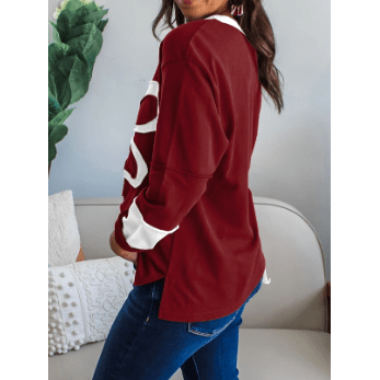 Vernita Red Dahlia Cheerful Daisy Flower Patched Round Neck Long Sleeve Top