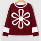 Vernita Red Dahlia Cheerful Daisy Flower Patched Round Neck Long Sleeve Top