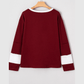 Vernita Red Dahlia Cheerful Daisy Flower Patched Round Neck Long Sleeve Top