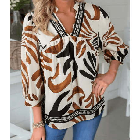 Wynn Brown Abstract Print Puff Sleeve Loose Blouse