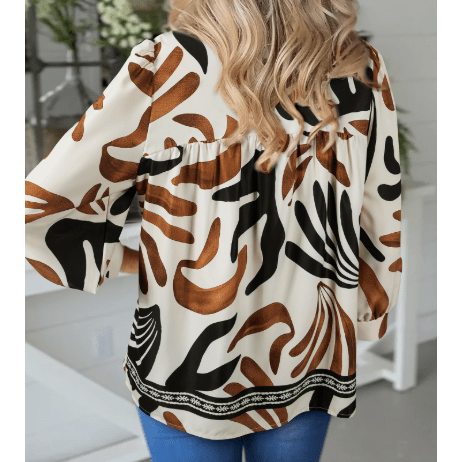 Wynn Brown Abstract Print Puff Sleeve Loose Blouse