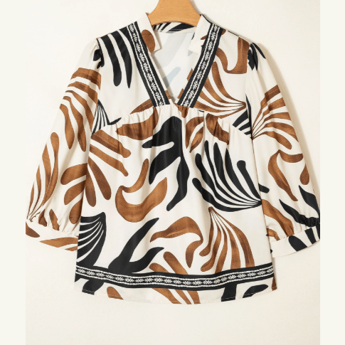 Wynn Brown Abstract Print Puff Sleeve Loose Blouse