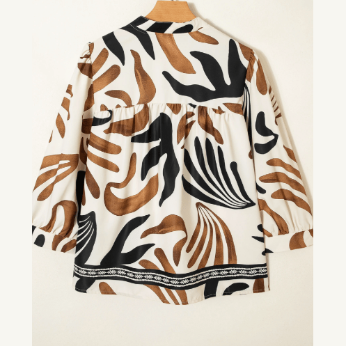 Wynn Brown Abstract Print Puff Sleeve Loose Blouse