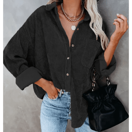 Kaleem Black Corduroy Button Up Long Sleeve Shirt