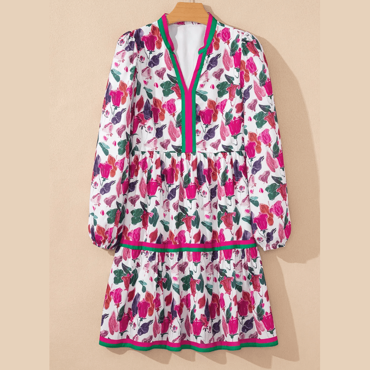 Bettina Purple Floral Print Contrast Striped Detail Long Sleeve Mini Dress