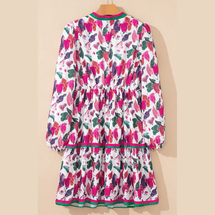 Bettina Purple Floral Print Contrast Striped Detail Long Sleeve Mini Dress