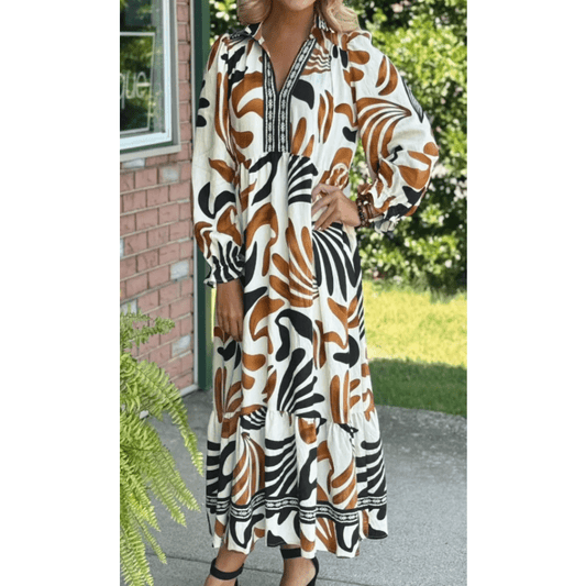 RTS Brown Tropical Printed Contrast Trim Neck Long Sleeve Ruffle Hem Dress