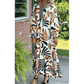 RTS Brown Tropical Printed Contrast Trim Neck Long Sleeve Ruffle Hem Dress