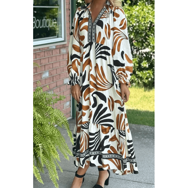 RTS Brown Tropical Printed Contrast Trim Neck Long Sleeve Ruffle Hem Dress