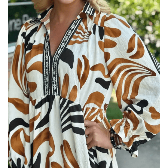 RTS Brown Tropical Printed Contrast Trim Neck Long Sleeve Ruffle Hem Dress