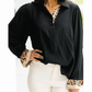 Keva Black Contrast Leopard Print Patchwork Polo Collar Buttons Front Ruffled Long Sleeve Blouse