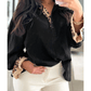 Keva Black Contrast Leopard Print Patchwork Polo Collar Buttons Front Ruffled Long Sleeve Blouse