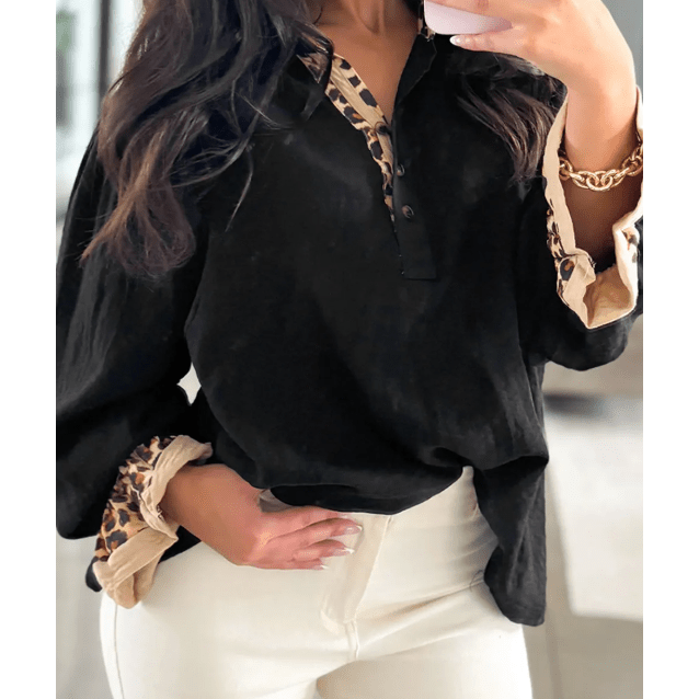 Keva Black Contrast Leopard Print Patchwork Polo Collar Buttons Front Ruffled Long Sleeve Blouse