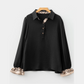 Keva Black Contrast Leopard Print Patchwork Polo Collar Buttons Front Ruffled Long Sleeve Blouse