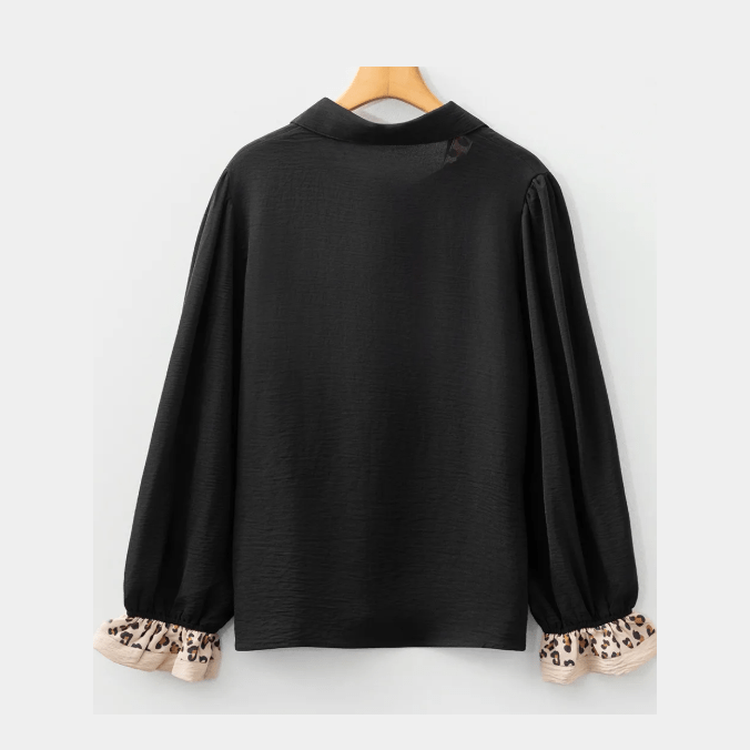 Keva Black Contrast Leopard Print Patchwork Polo Collar Buttons Front Ruffled Long Sleeve Blouse
