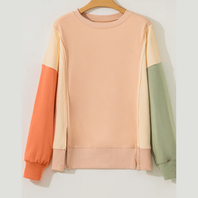 Hester Beige Color Block Patchwork Split Hem Casual Sweatshirt