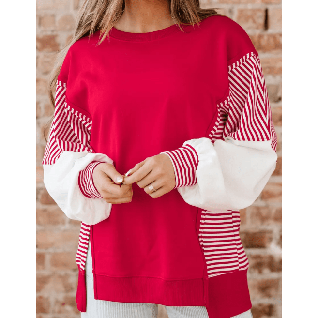 Jenci Red Striped Patchwork Sleeve Colorblock Sweatshirt