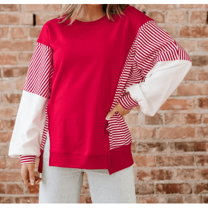 Jenci Red Striped Patchwork Sleeve Colorblock Sweatshirt