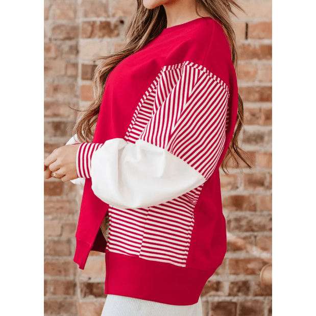 Jenci Red Striped Patchwork Sleeve Colorblock Sweatshirt