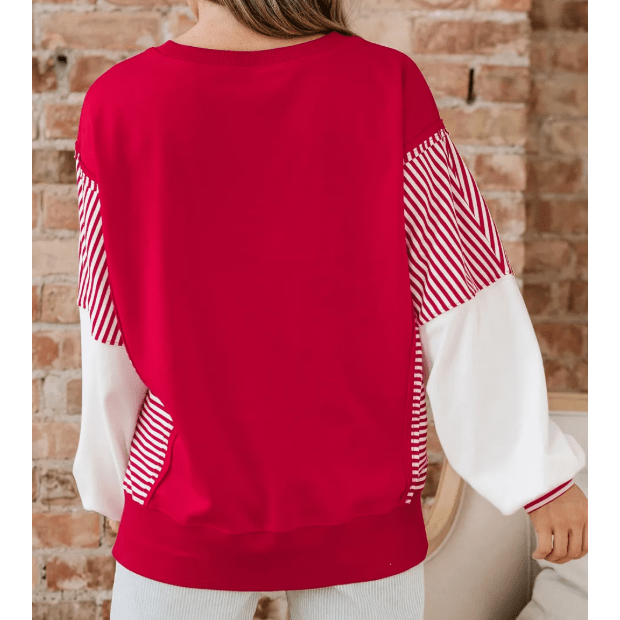 Jenci Red Striped Patchwork Sleeve Colorblock Sweatshirt