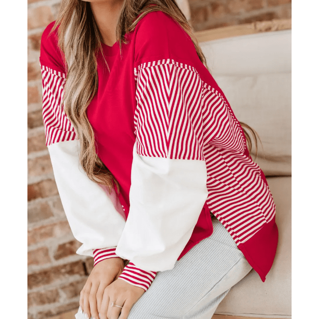 Jenci Red Striped Patchwork Sleeve Colorblock Sweatshirt
