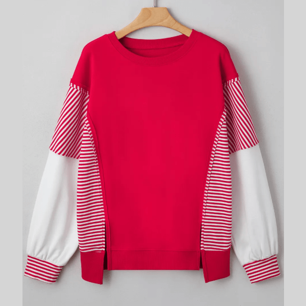 Jenci Red Striped Patchwork Sleeve Colorblock Sweatshirt
