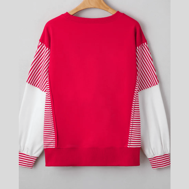 Jenci Red Striped Patchwork Sleeve Colorblock Sweatshirt