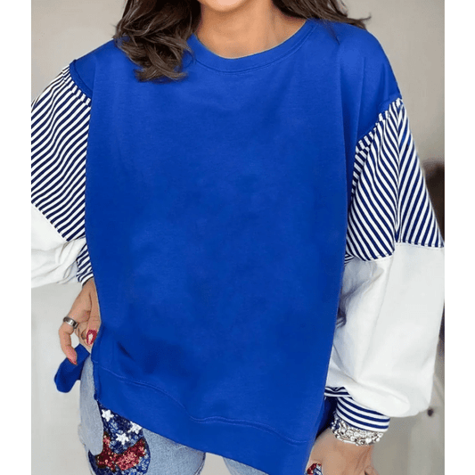 Jenci Blue Striped Patchwork Sleeve Colorblock Sweatshirt
