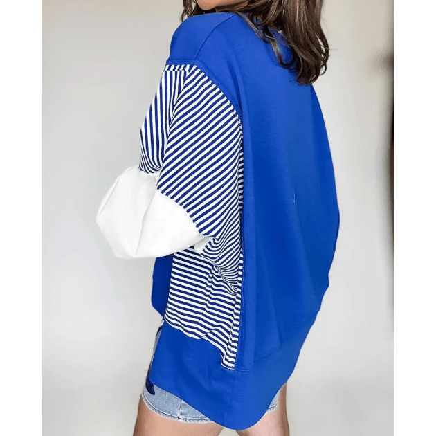 Jenci Blue Striped Patchwork Sleeve Colorblock Sweatshirt