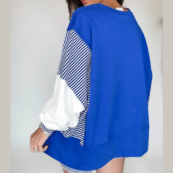 Jenci Blue Striped Patchwork Sleeve Colorblock Sweatshirt
